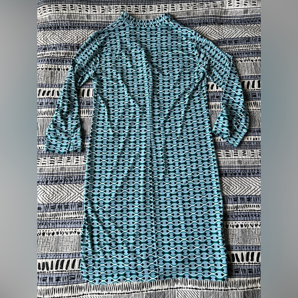 Donna Morgan Blue Patterned Midi Shirt Dress Resort Wear Swim Coverup Size 4 - Picture 10 of 13